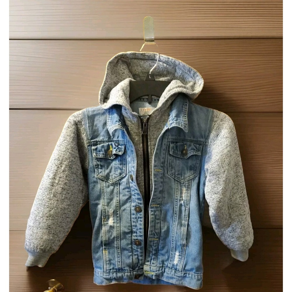 LJYH‎ Boys Blue Denim Hooded Jacket Grey Knit Sleeves Distressed Size 7-8 Years